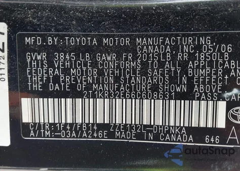 2006 Toyota Matrix Xr z USA, uszkodzony, nr VIN 2T1KR32E66C608631